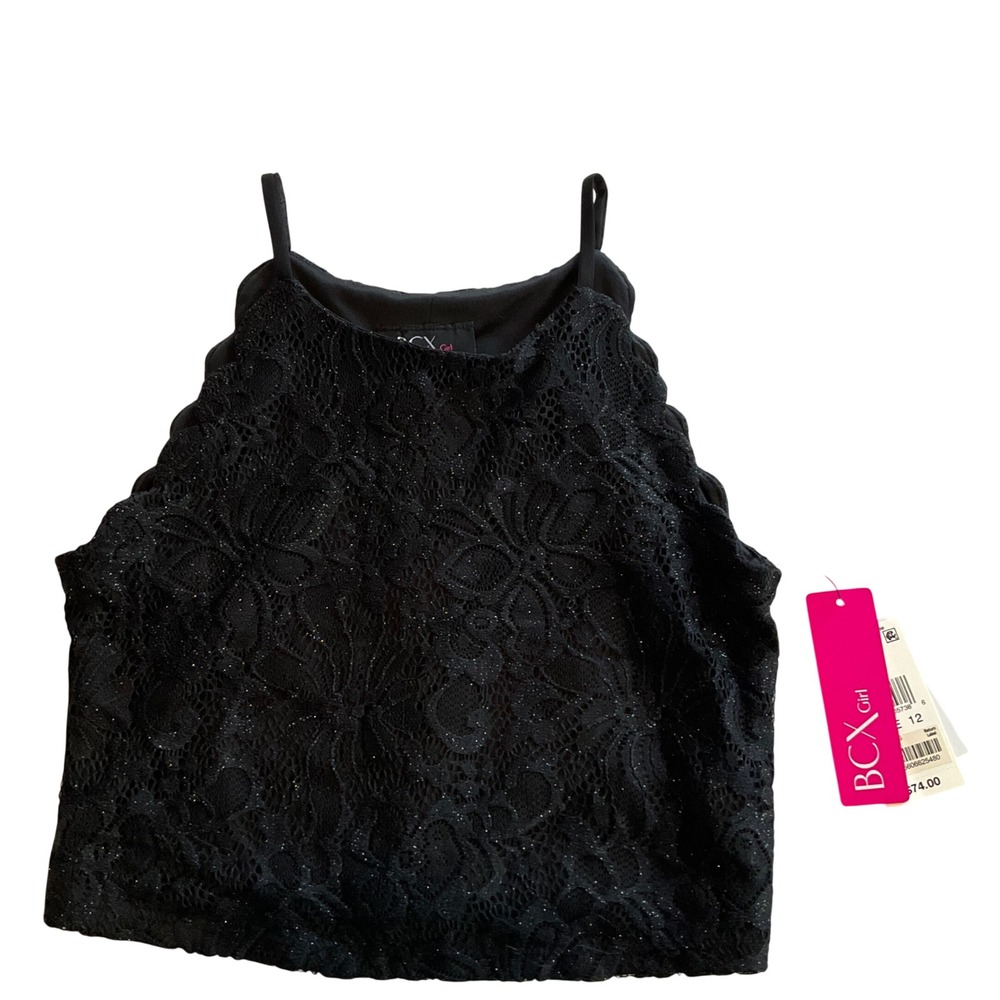 BCX Girl Lace Crop‎ Top Kids Size 12 Black Glitter High Neck Formal Party